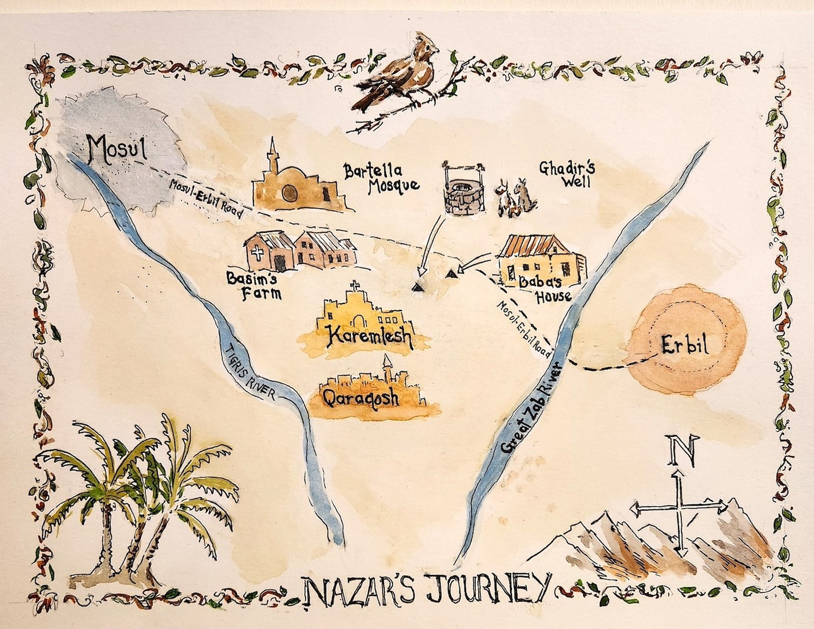 Paul Mascia’s first book, “Nazar’s Journey,” tells the story of people in 2014 fleeing ISIS on the highway between Mosul and Erbil. Proceeds benefit Brooklyn-based Aid to the Church in Need-USA. (Illustration courtesy of Paul Mascia)